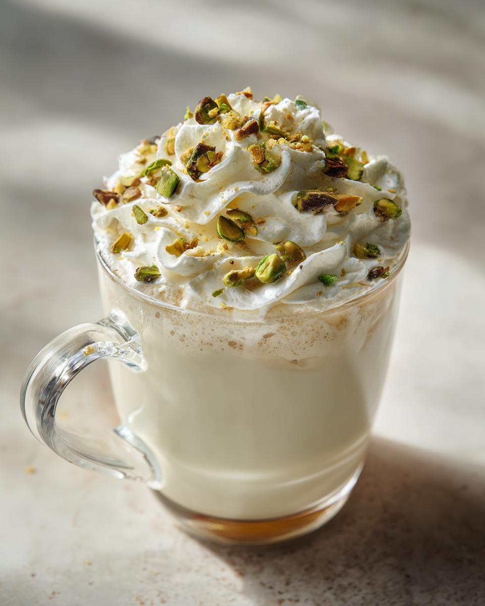 A festive Christmas Pistachio Hot White Chocolate topped with whipped cream and chopped pistachios.