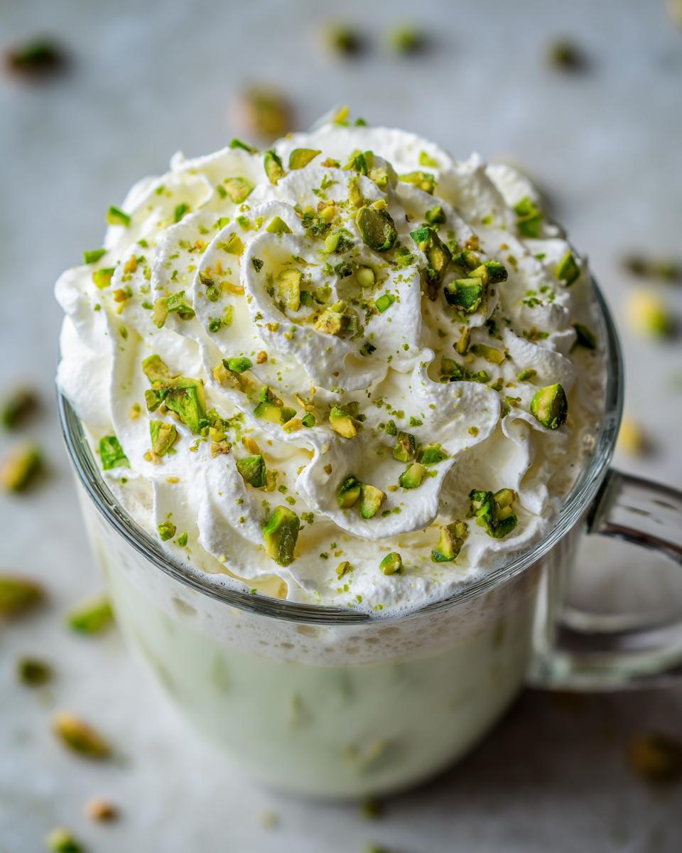 A festive mug of Christmas Pistachio Hot White Chocolate topped with whipped cream and chopped pistachios.