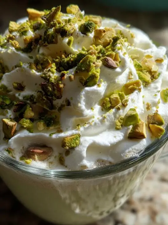 Close-up of a festive Christmas Pistachio Hot White Chocolate topped with whipped cream and chopped pistachios.