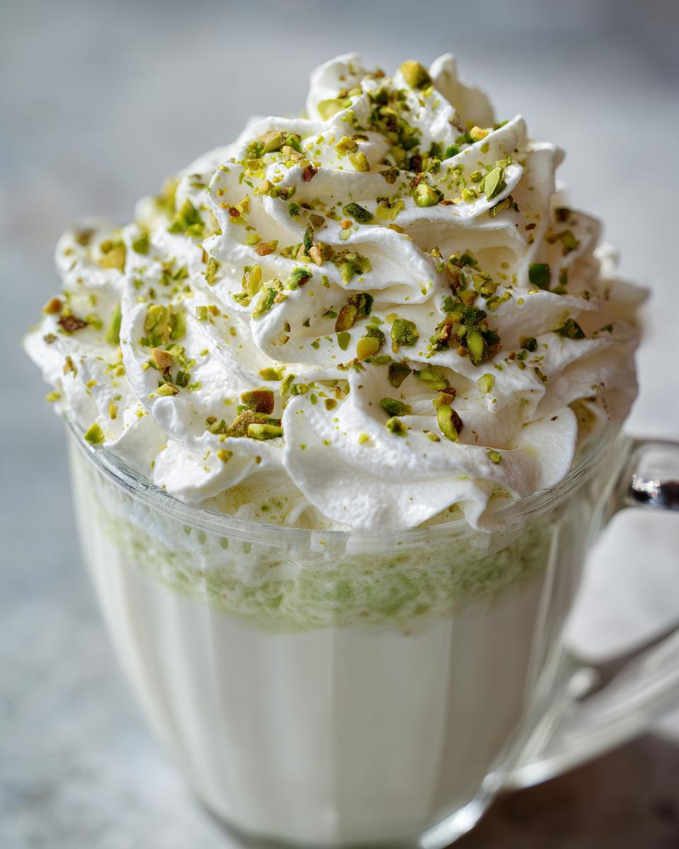 A festive Christmas Pistachio Hot White Chocolate topped with whipped cream and chopped pistachios.