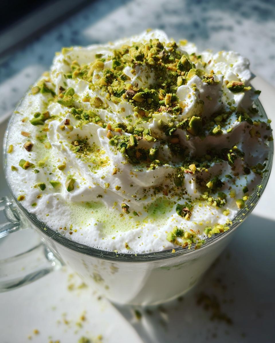 A close-up of Christmas Pistachio Hot White Chocolate topped with whipped cream and chopped pistachios.