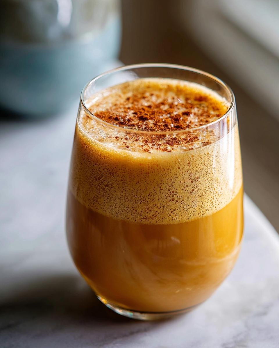 A festive glass of Christmas Spiked Chai Eggnog, topped with foam and a sprinkle of cinnamon.