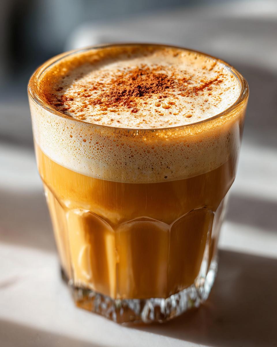 A festive glass of Christmas Spiked Chai Eggnog, topped with frothy foam and a sprinkle of cinnamon.