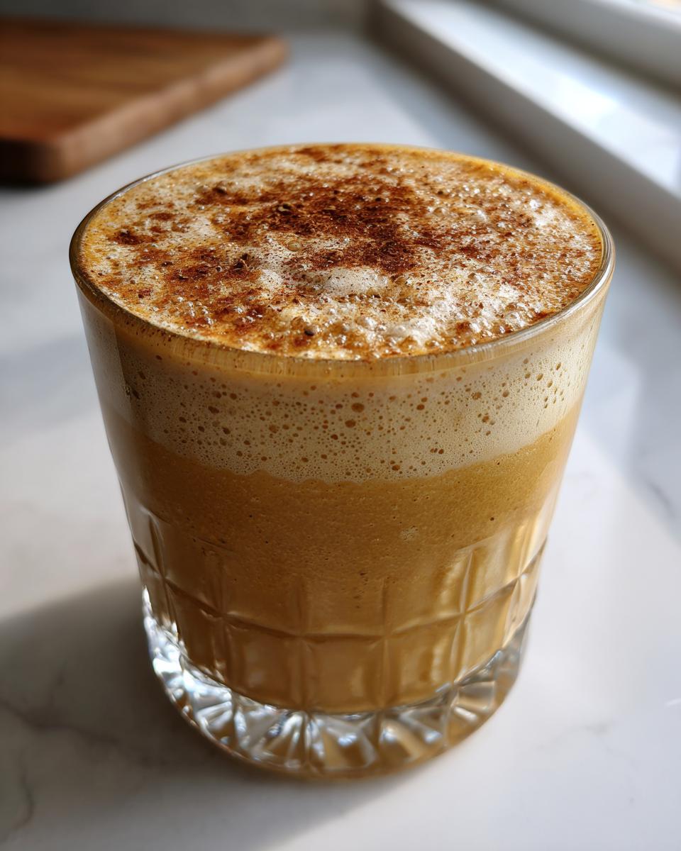 A festive glass of Christmas Spiked Chai Eggnog, topped with foam and a sprinkle of cinnamon.