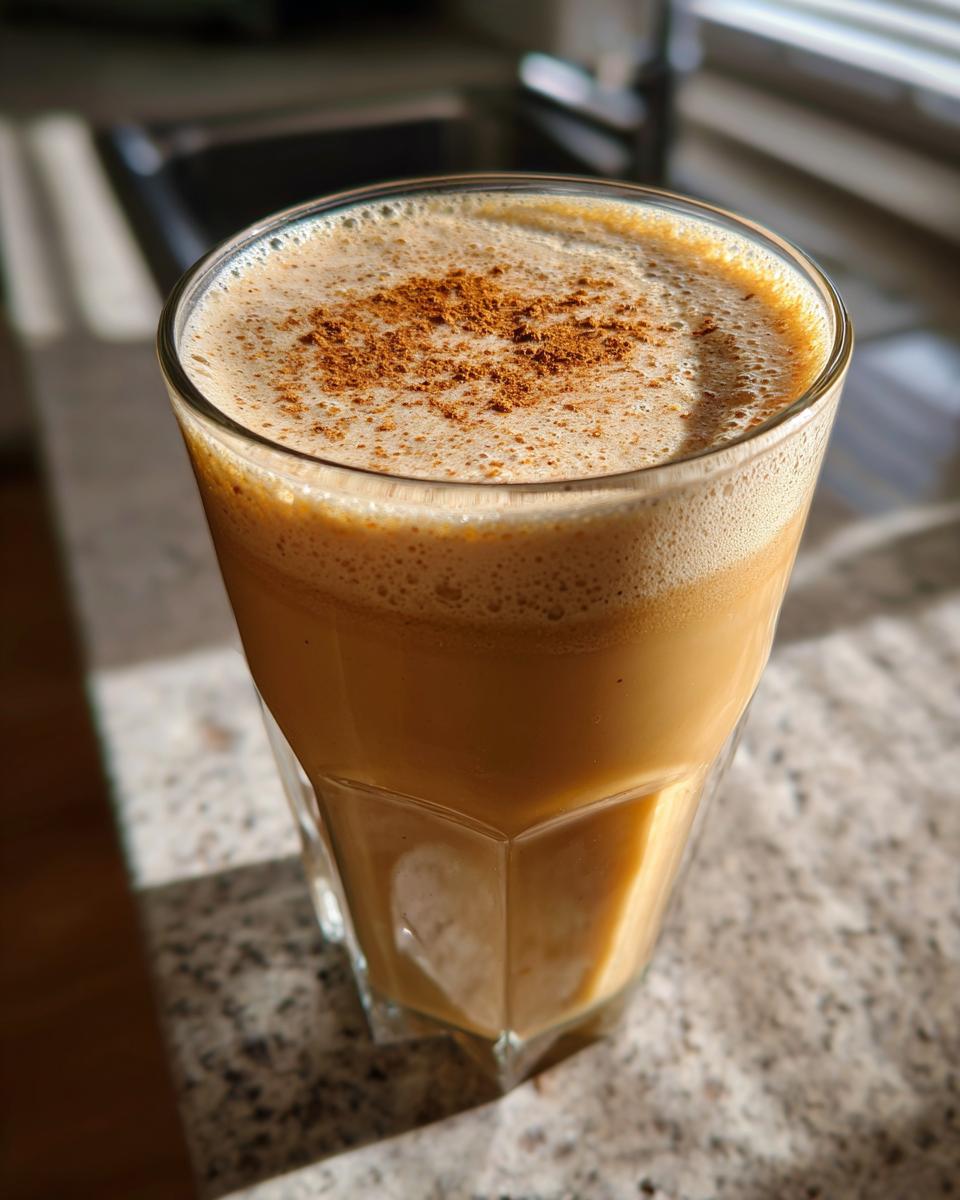 A tall glass filled with Christmas Spiked Chai Eggnog, topped with foam and a sprinkle of cinnamon.