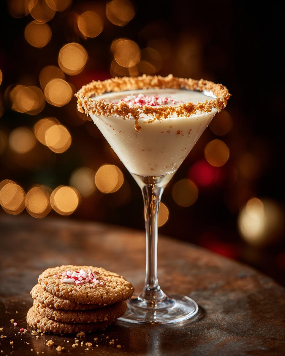 A festive Christmas Sugar Cookie Martini served in a rimmed glass, with a stack of sugar cookies topped with crushed candy canes.