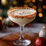 A festive Christmas Sugar Cookie Martini in a coupe glass, rimmed with sugar and topped with colorful sprinkles.