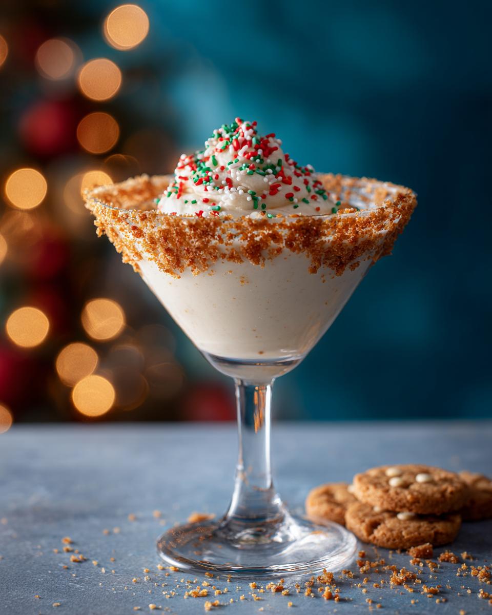 A festive Christmas Sugar Cookie Martini topped with whipped cream and colorful sprinkles, rimmed with cookie crumbs.