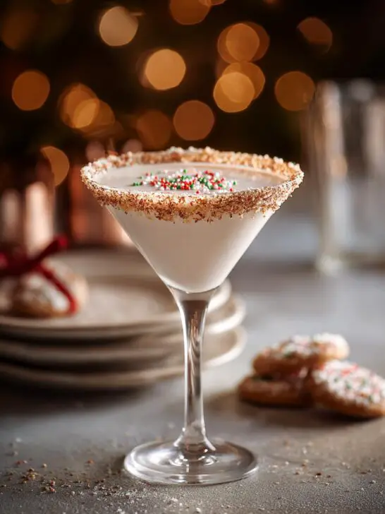 A festive Christmas Sugar Cookie Martini in a rimmed glass, topped with red, green, and white sprinkles.