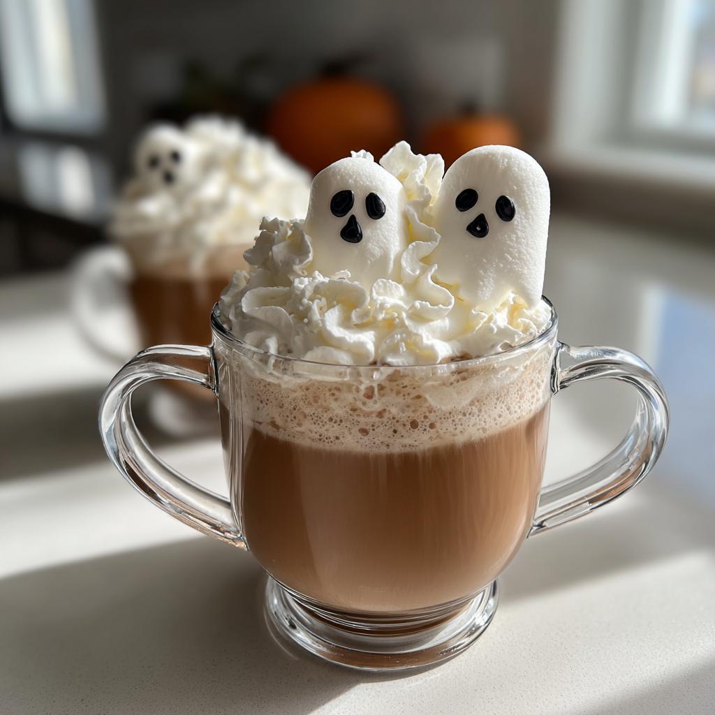 A festive Christmas Sugar Cookie Martini topped with whipped cream and cute ghost marshmallows.