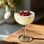 A refreshing Christmas White Margarita cocktail garnished with fresh cranberries and rosemary sprigs.