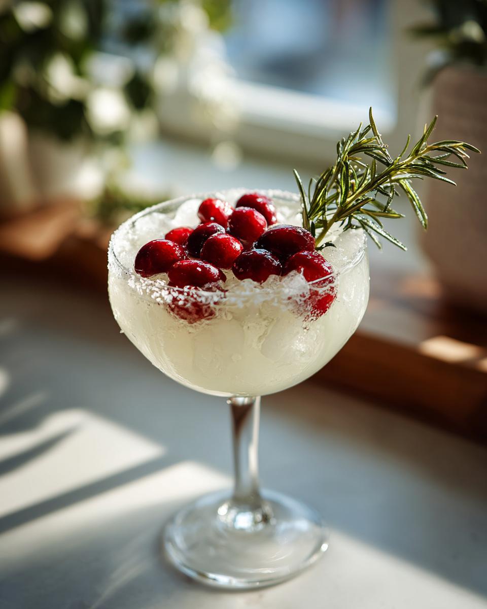 A refreshing Christmas White Margarita cocktail garnished with fresh cranberries and rosemary, served over ice.