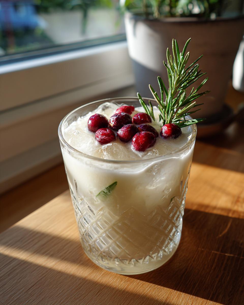 A festive Christmas White Margarita cocktail garnished with fresh cranberries and a sprig of rosemary on top of ice.