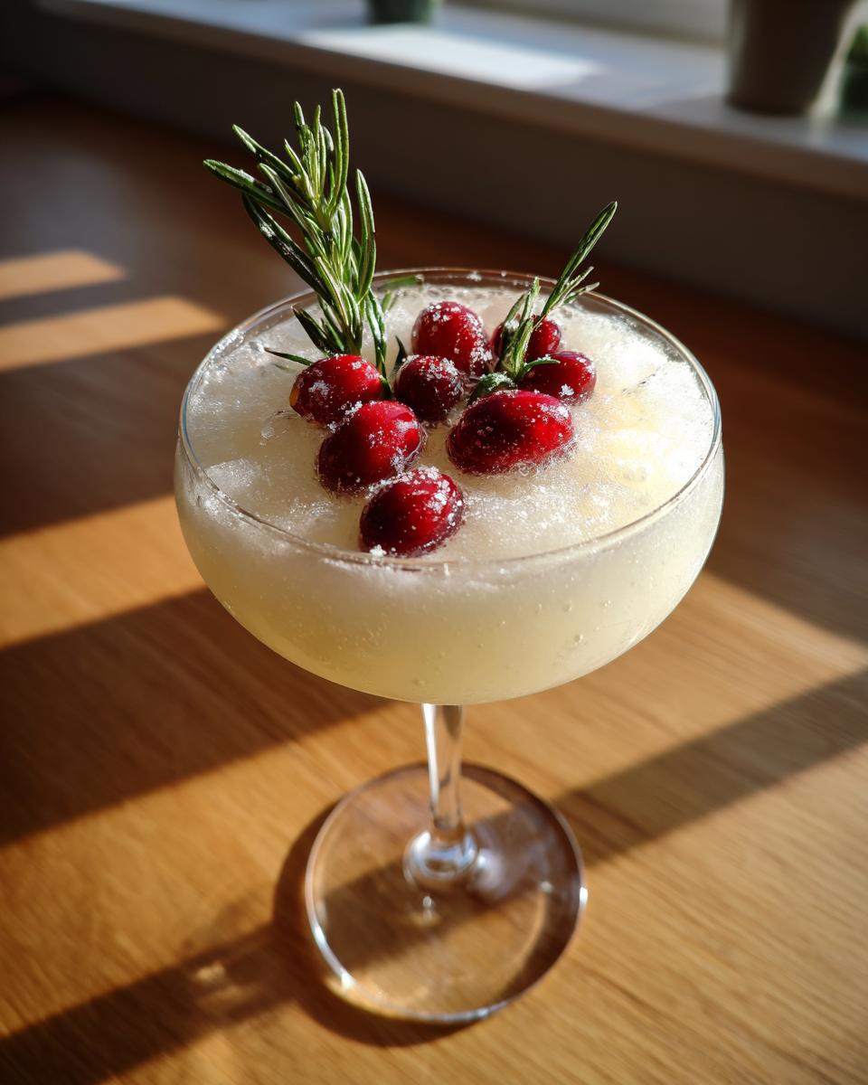 A refreshing Christmas White Margarita garnished with sugared cranberries and rosemary sprigs.