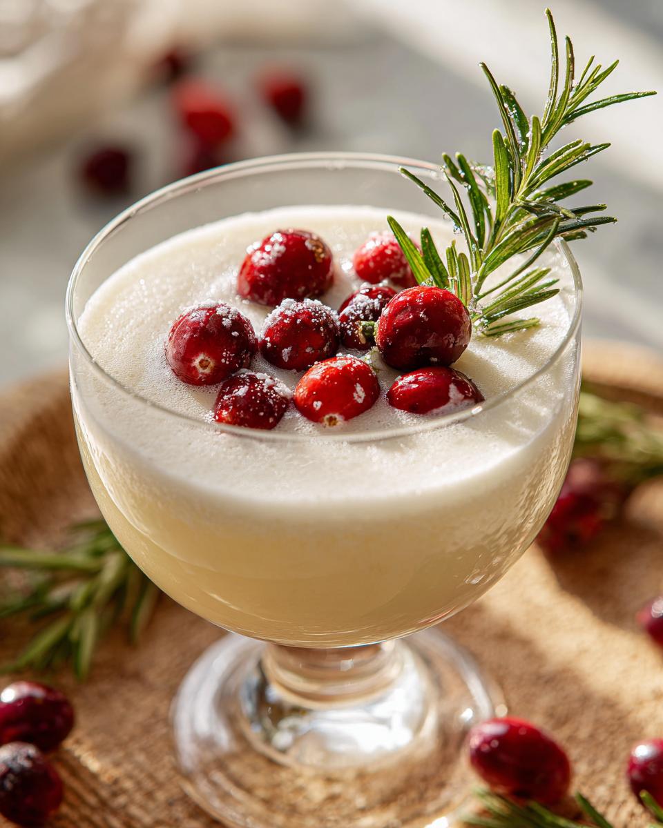 A festive Christmas White Margarita cocktail topped with sugared cranberries and a sprig of rosemary.
