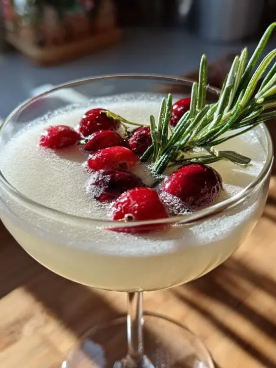 A festive Christmas White Margarita cocktail garnished with fresh cranberries and a sprig of rosemary.