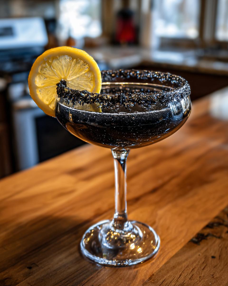 A spooky Halloween Black Magic Martini in a coupe glass, rimmed with black sugar and garnished with a lemon slice.