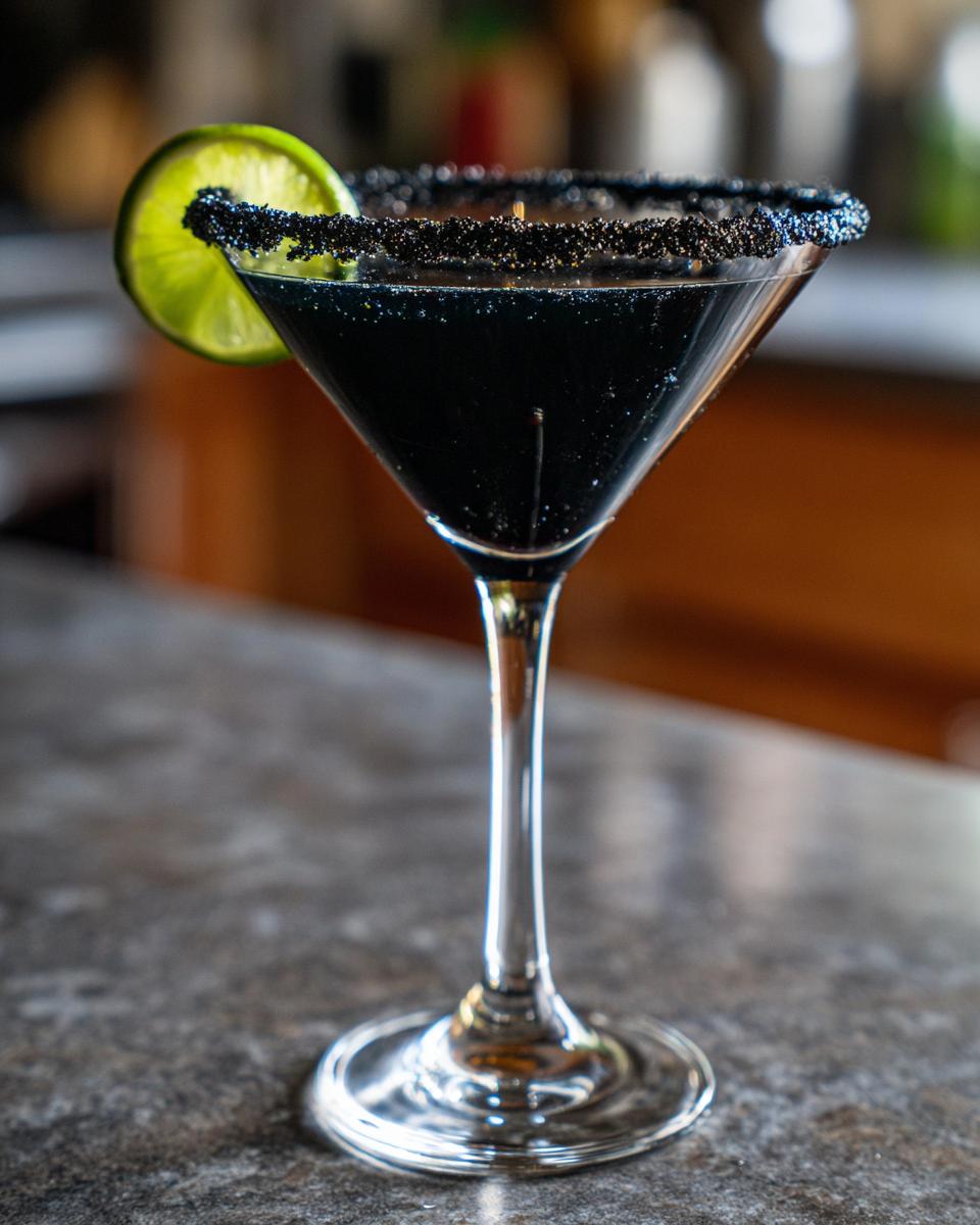 A spooky Halloween Black Magic Martini in a martini glass, rimmed with black sugar and garnished with a lime slice.
