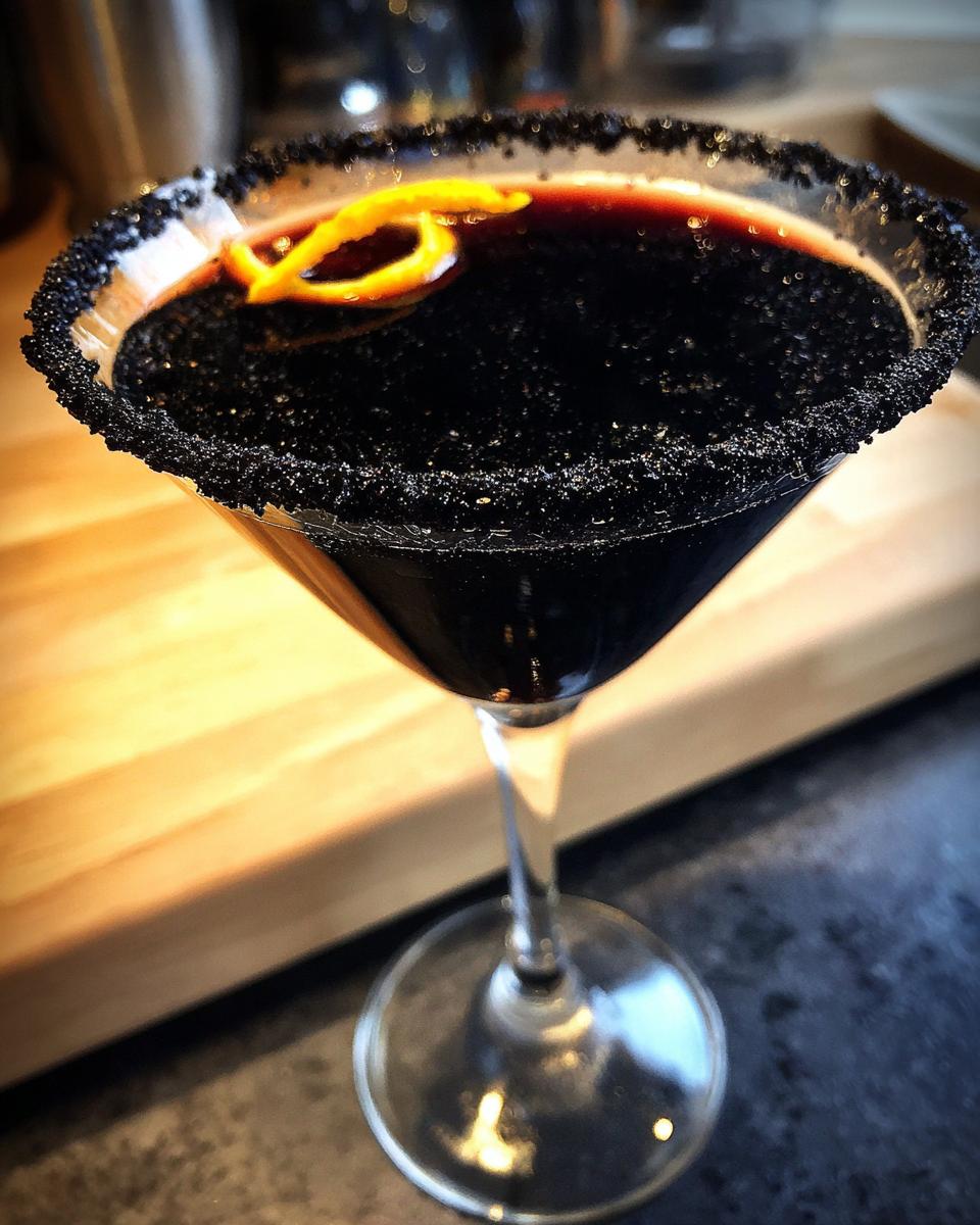 A spooky Halloween Black Magic Martini in a martini glass, rimmed with black sugar and garnished with an orange twist.