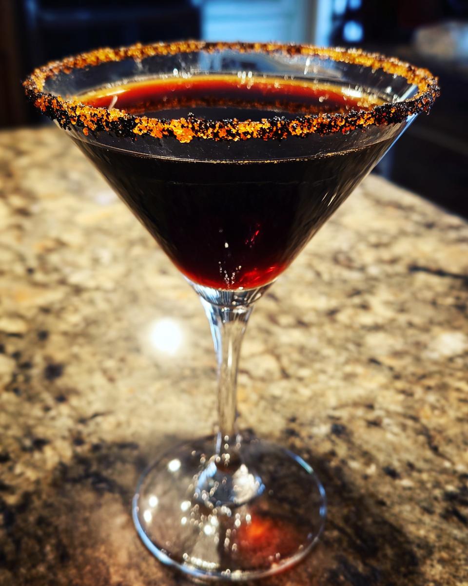 A close-up of a Halloween Black Magic Martini in a martini glass, with a dark liquid and a rim coated in black and orange sugar.