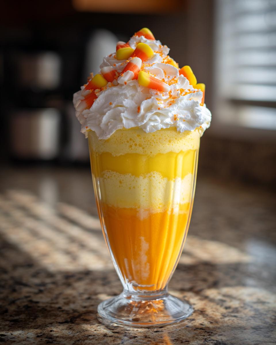 A festive Halloween Candy Corn Milkshake layered with orange and yellow, topped with whipped cream and candy corn.