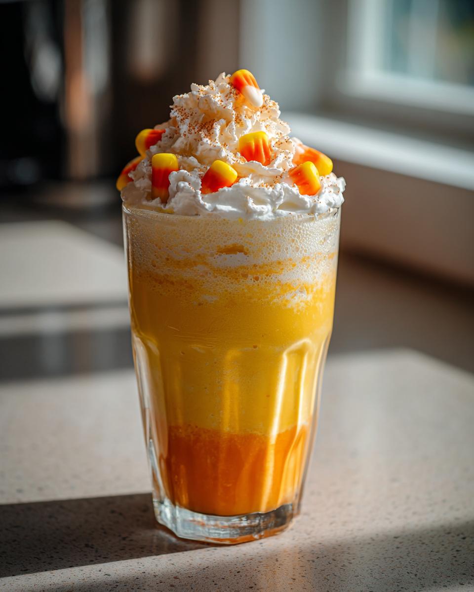 A festive Halloween Candy Corn Milkshake in a glass, topped with whipped cream and candy corn.
