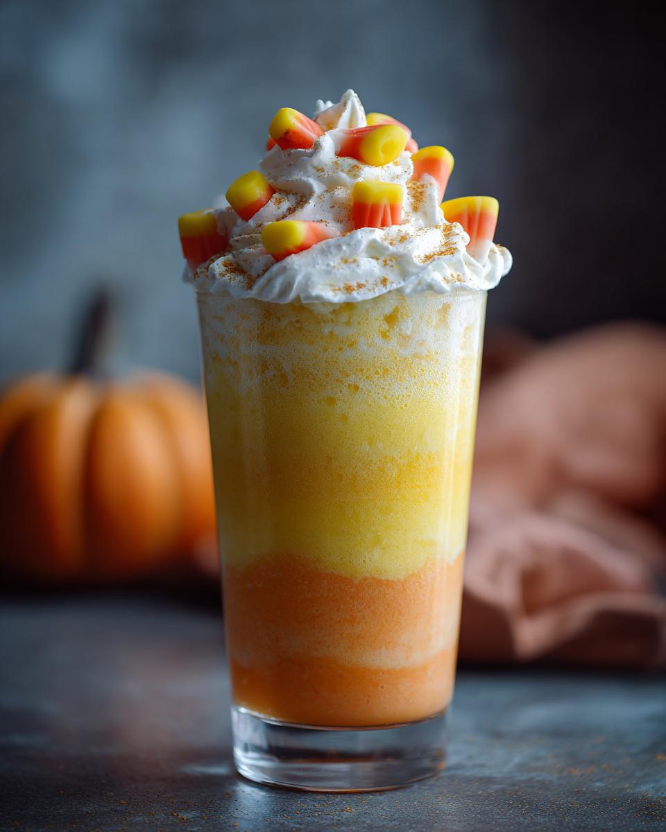 A festive Halloween Candy Corn Milkshake in a tall glass, topped with whipped cream and candy corn.
