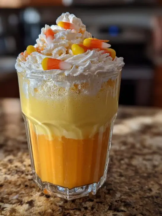 A festive Halloween Candy Corn Milkshake with orange and yellow layers, topped with whipped cream and candy corn.
