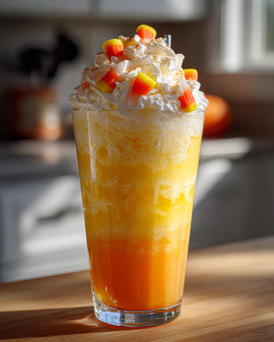A festive Halloween Candy Corn Milkshake in a tall glass, topped with whipped cream and candy corn.