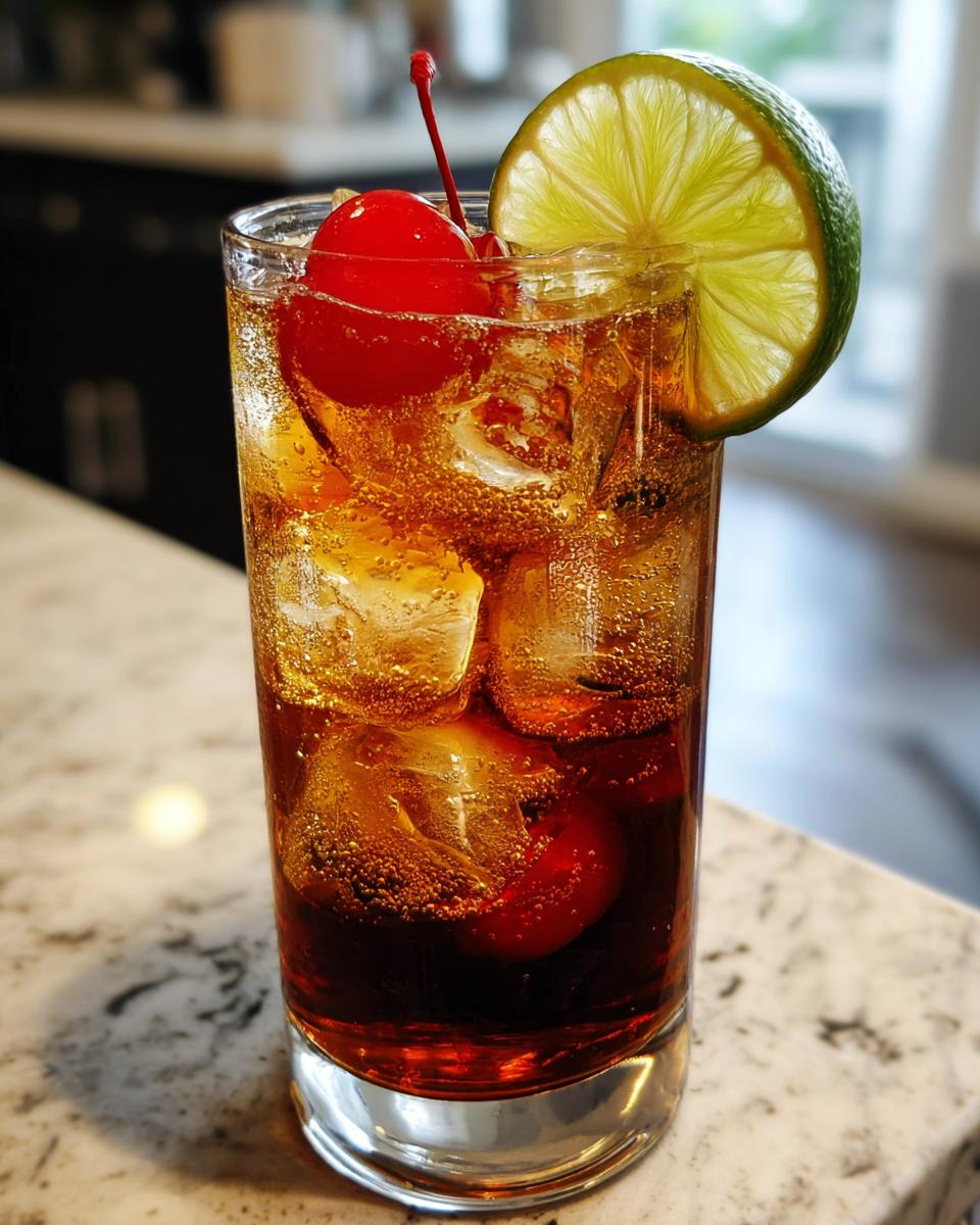 A tall glass filled with ice, dark rum and ginger ale, garnished with a lime slice and maraschino cherries. Perfect for Halloween Dark & Spooky Rum and Ginger.