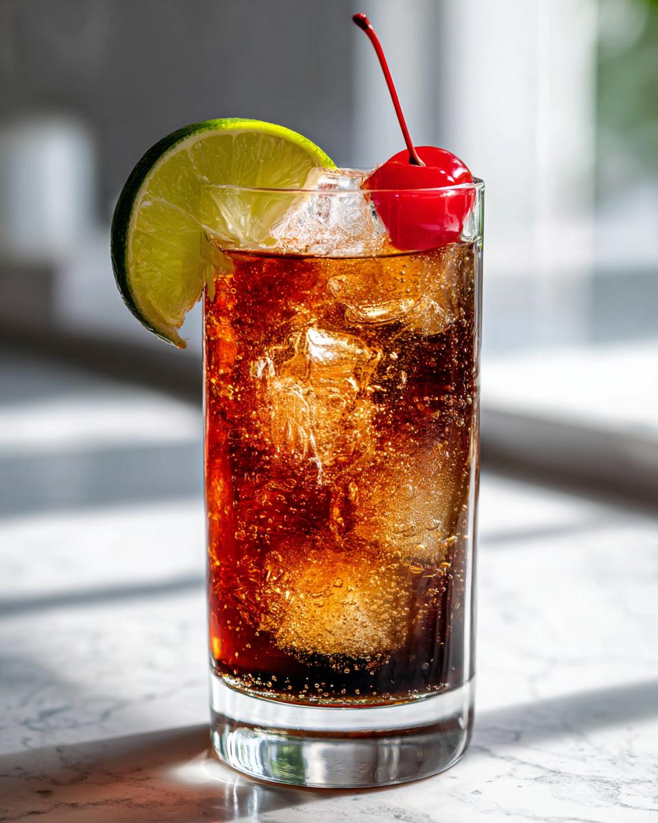 A tall glass filled with ice and a dark, bubbly Halloween Dark & Spooky Rum and Ginger cocktail, garnished with a lime wedge and a maraschino cherry.