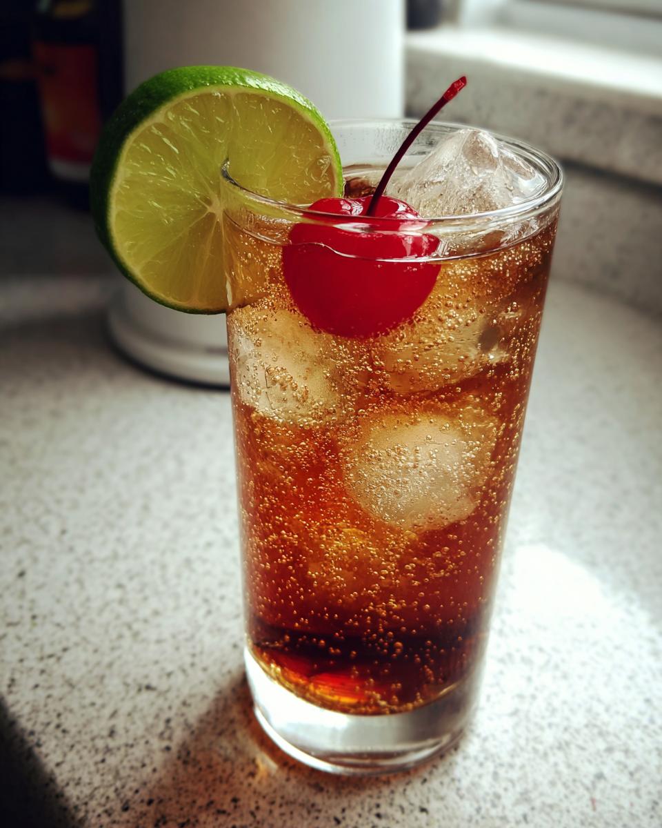 A tall glass filled with a dark, bubbly Halloween Dark & Spooky Rum and Ginger cocktail, garnished with a lime slice and a maraschino cherry.
