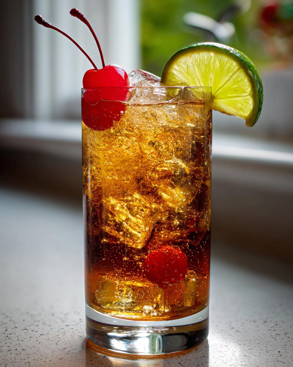 A tall glass filled with ice, dark rum, and ginger ale, garnished with a lime slice and maraschino cherries. Perfect for Halloween Dark & Spooky Rum and Ginger.