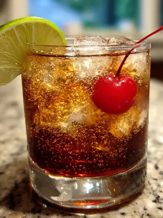 A Halloween Dark & Spooky Rum and Ginger cocktail in a glass with ice, a lime wedge, and a maraschino cherry.