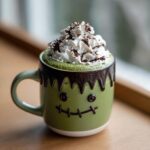 A festive Halloween Frankenstein Matcha Latte topped with whipped cream and cocoa powder, served in a Frankenstein-themed mug.