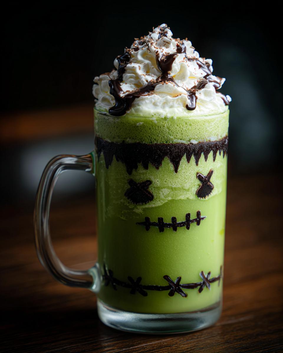 A spooky Halloween Frankenstein Matcha Latte with whipped cream and chocolate drizzle, decorated to look like Frankenstein's face.