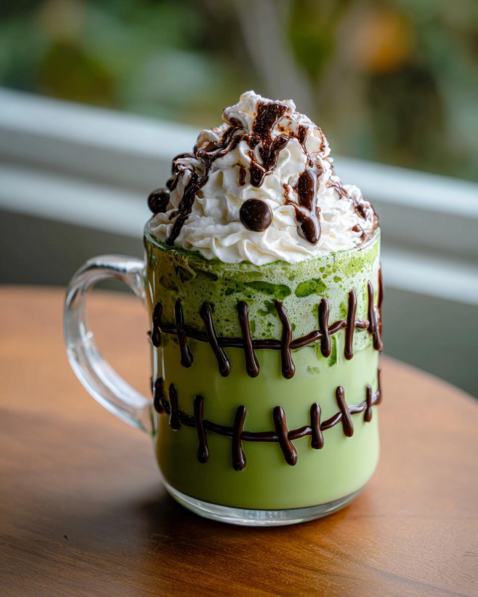 A festive Halloween Frankenstein Matcha Latte in a glass mug, topped with whipped cream, chocolate drizzle, and chocolate chips.