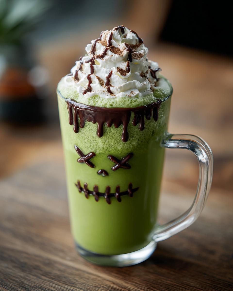 A spooky Halloween Frankenstein Matcha Latte topped with whipped cream, chocolate drizzle, and decorated with chocolate stitches and eyes.