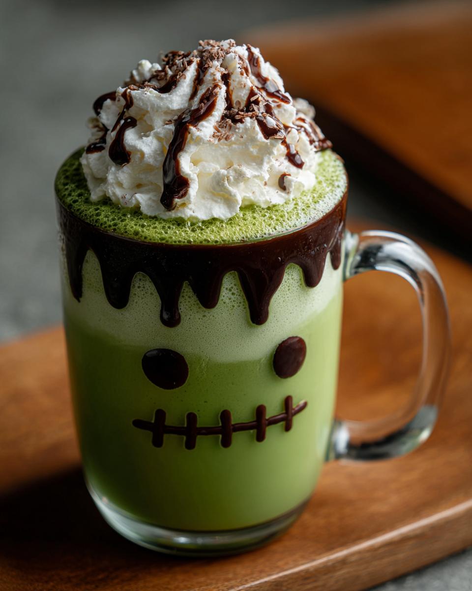A festive Halloween Frankenstein Matcha Latte in a glass mug, topped with whipped cream, chocolate drizzle, and chocolate shavings.