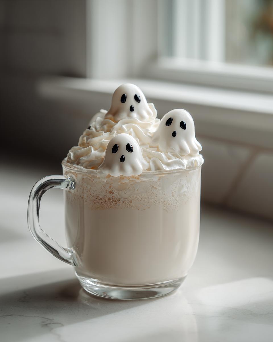 A clear mug filled with creamy Halloween Ghostly White Hot Chocolate, topped with whipped cream and three adorable ghost marshmallows.