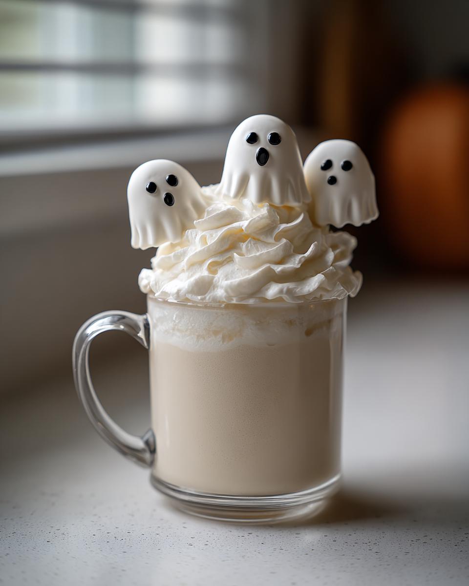 Three cute white chocolate ghosts sit atop whipped cream on a mug of Halloween Ghostly White Hot Chocolate.