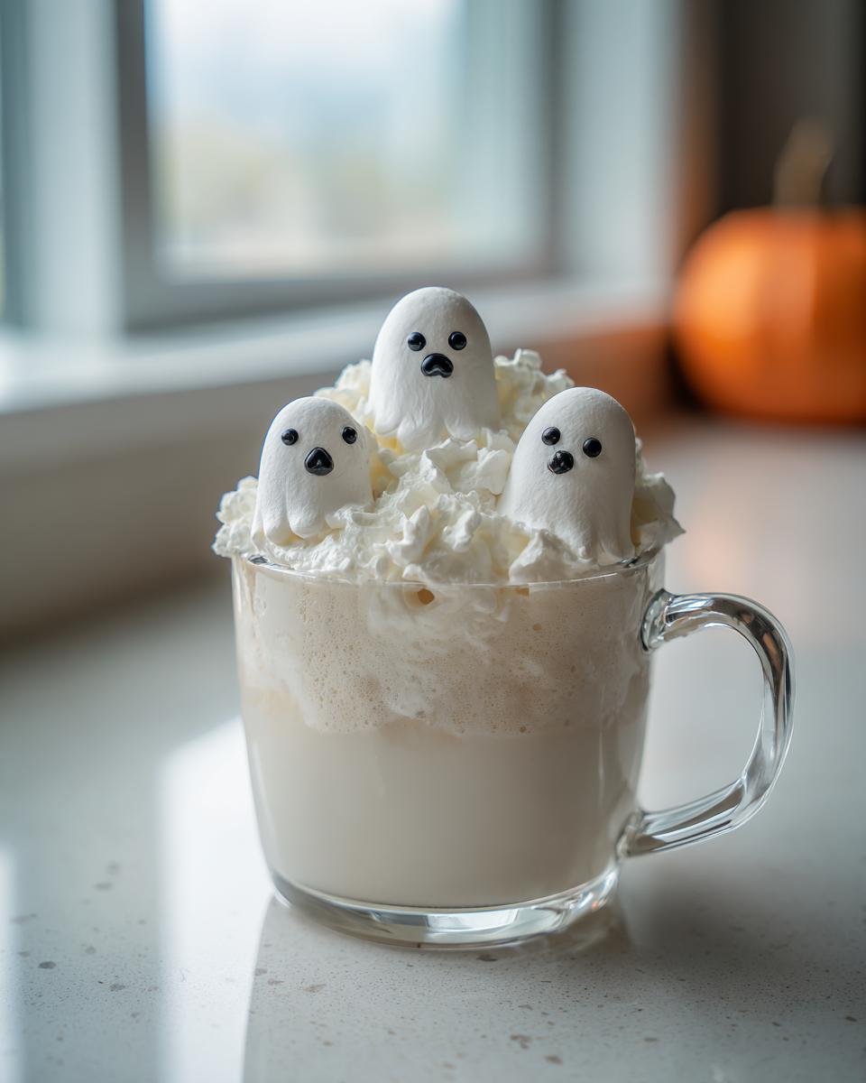 A mug of Halloween Ghostly White Hot Chocolate topped with whipped cream and three marshmallow ghosts.