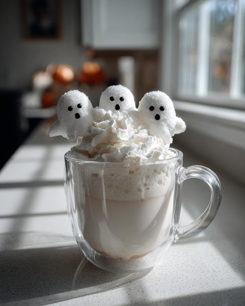 A clear glass mug filled with Halloween Ghostly White Hot Chocolate, topped with whipped cream and three adorable marshmallow ghosts.