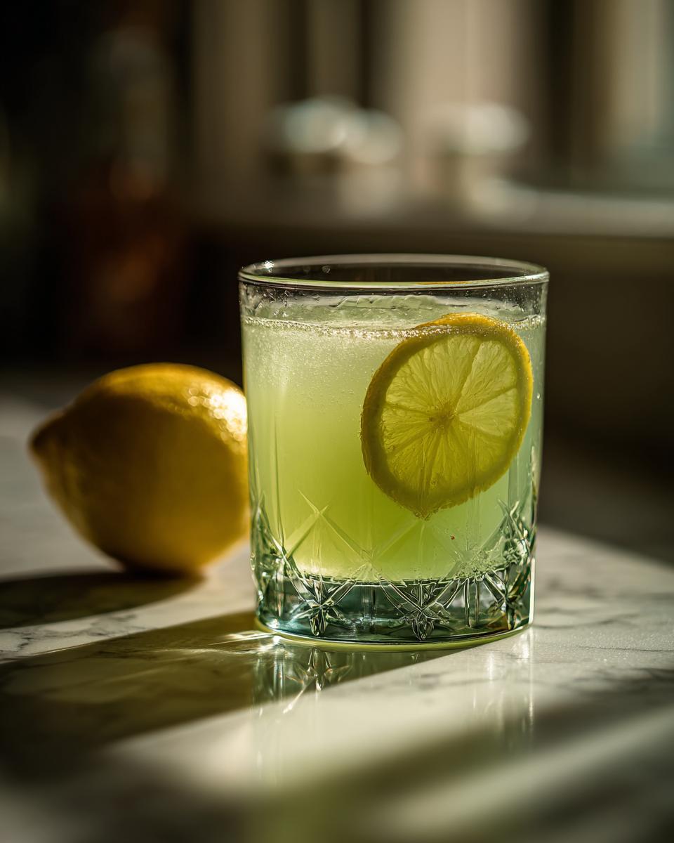 A glass of Halloween Glow-in-the-Dark Lemonade with a lemon slice and a whole lemon beside it.