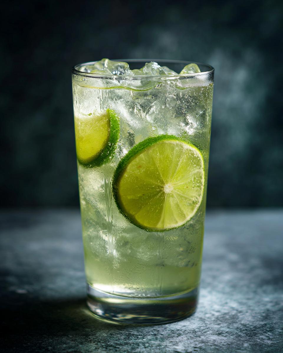 A tall glass filled with ice and Halloween Glow-in-the-Dark Lemonade, garnished with lime slices.