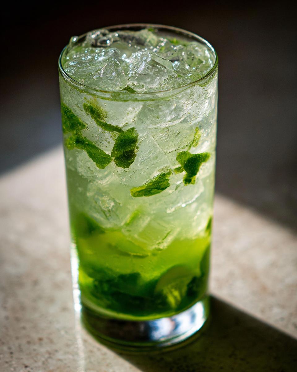 A tall glass filled with ice and a vibrant green liquid, garnished with fresh mint leaves, perfect for Halloween Glow-in-the-Dark Lemonade.