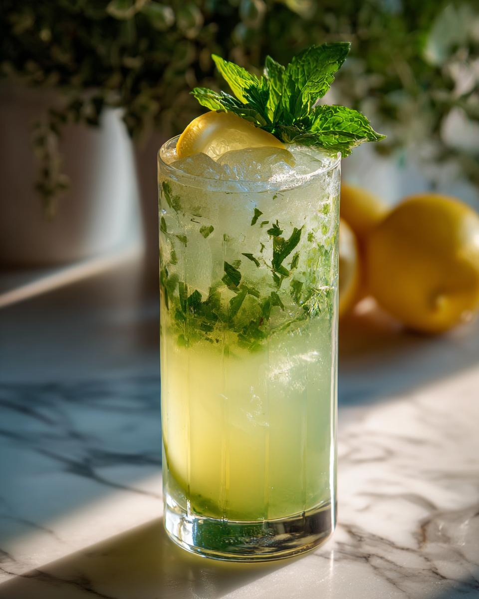 A refreshing glass of Halloween Glow-in-the-Dark Lemonade with mint and lemon slice on top, filled with ice.