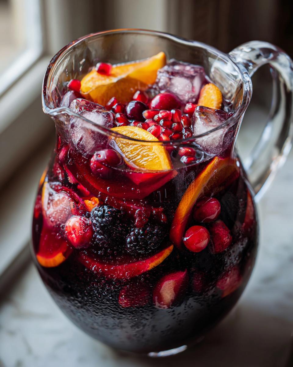 A glass pitcher filled with Halloween Hocus Pocus Sangria, packed with ice, oranges, cranberries, blackberries, and pomegranate seeds.