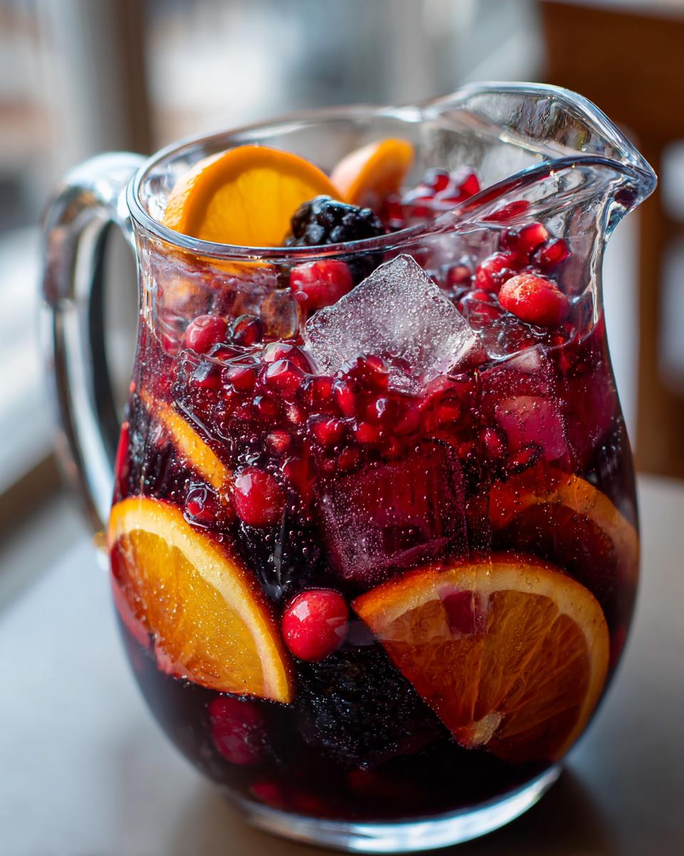 A festive pitcher filled with Halloween Hocus Pocus Sangria, featuring oranges, cranberries, blackberries, pomegranate seeds, and ice.