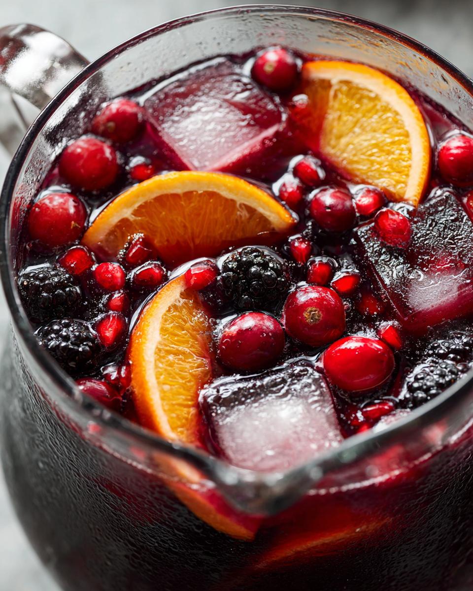Close-up of a pitcher filled with Halloween Hocus Pocus Sangria, featuring oranges, cranberries, blackberries, and ice.